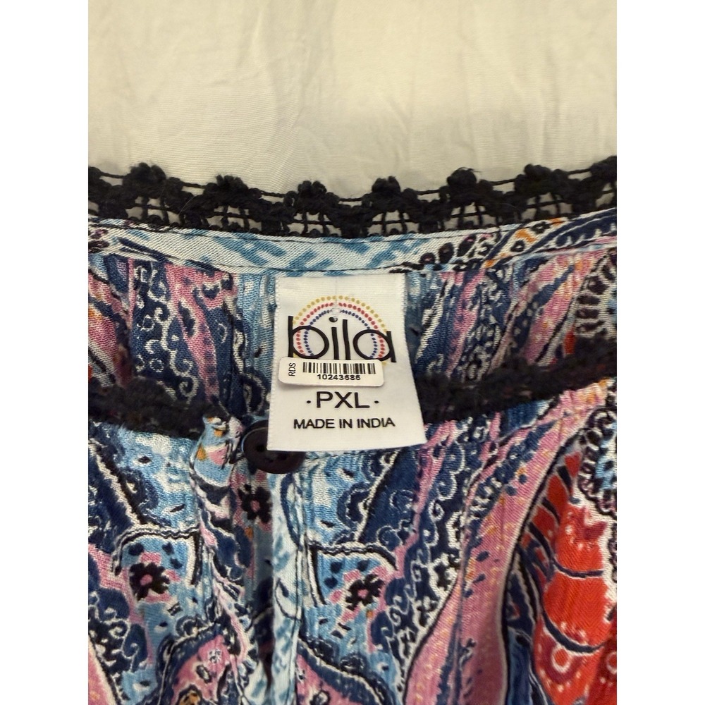 Bila Cold Shoulder Boho Top PXL– Multicolor Paisley Print, Crochet Trim Petite - Picture 5 of 12
